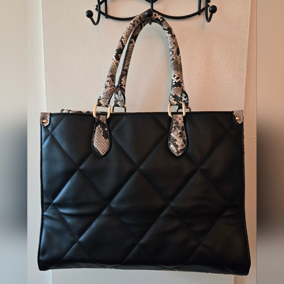 Brown And Black Snake Print Quilted Tote Shoulder Hand Bag - Picture 11 of 12